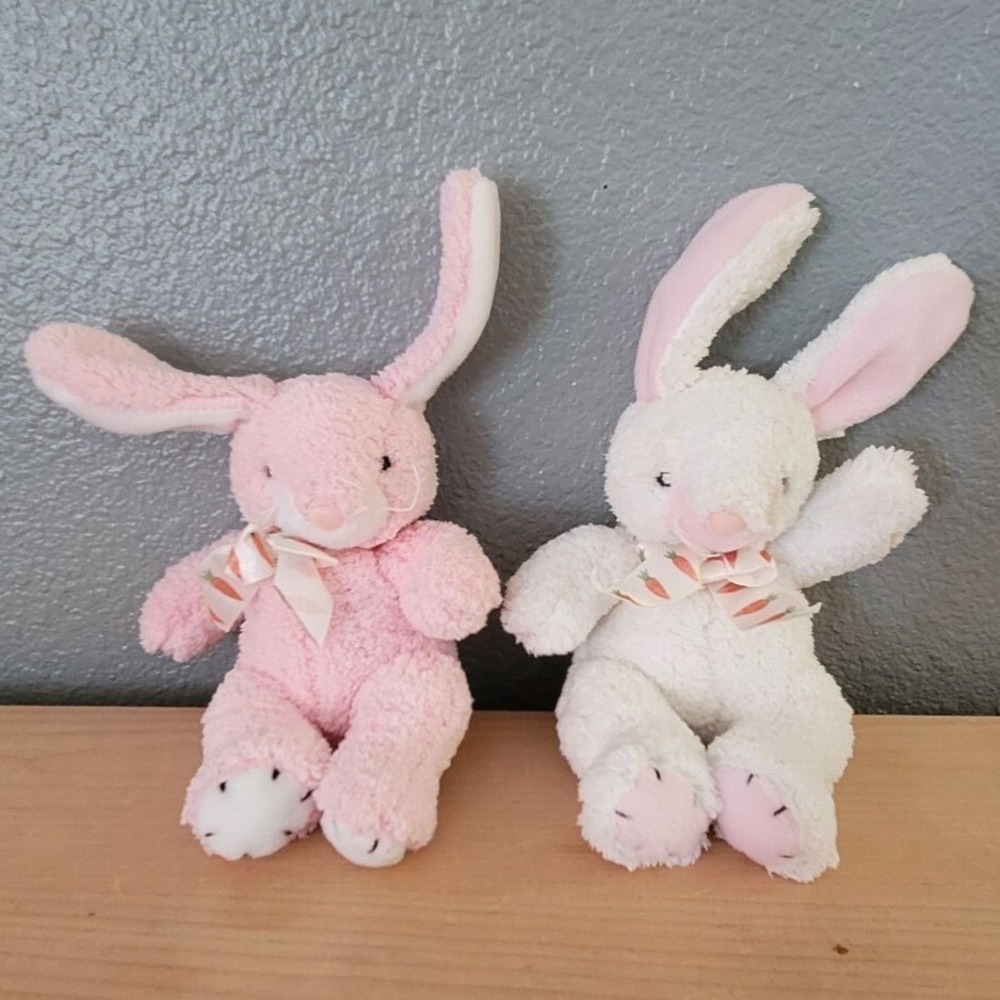 Pair Of Kellytoy Plush Bunny Rabbits - White & Pink‎ Cuddly Soft Stuffed Animals